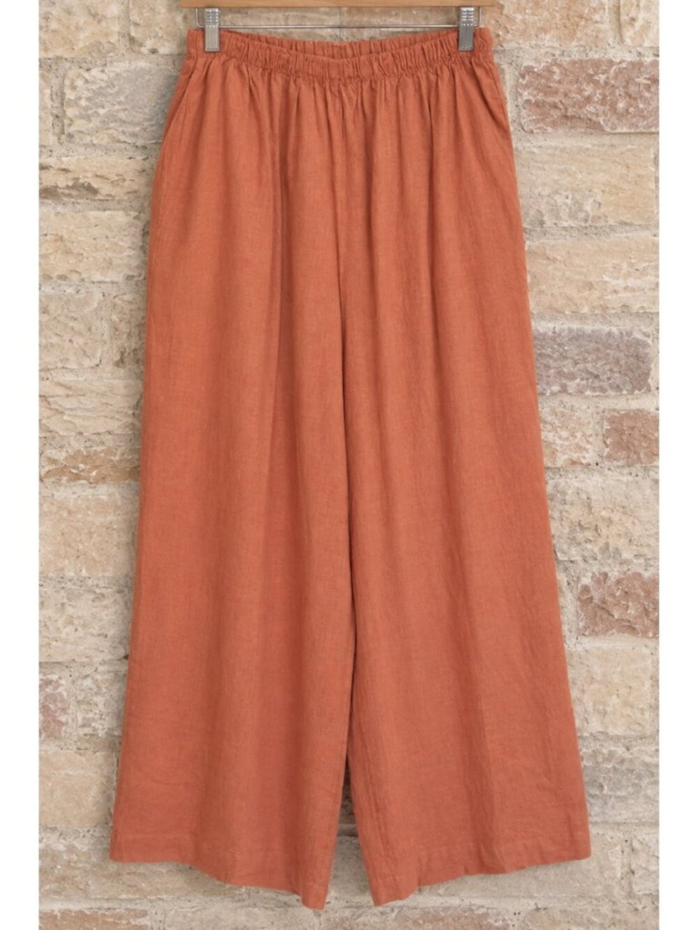Becasa M 100% Linen Pants Wide Palazzo Culottes Terra Cotta Pockets Pull On USA